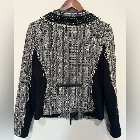 MILLY Studded Leather Trim Tweed Jacket 8 Black White - Picture 4 of 10